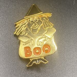 Signed Halloween Witch Brooch Boo Gold Tone Enamel New Pro
